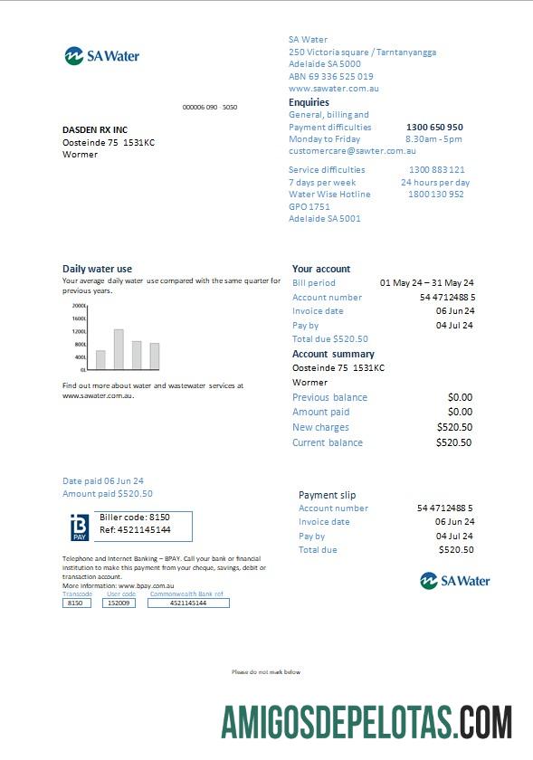 realista Modelo Word e PDF de conta de serviços públicos de água da Holanda SA